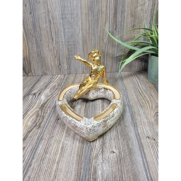 Vintage Posy Ring Vase, Heart-Shaped Gold Cherub Figure, Valentine Decor - Picture 1 of 5